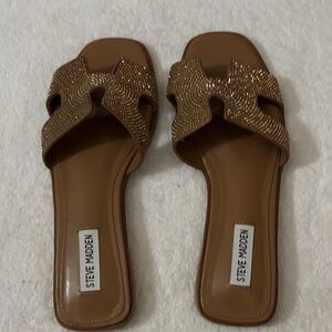 Steve Madden Brown Crystal Embellished Slide Sandals